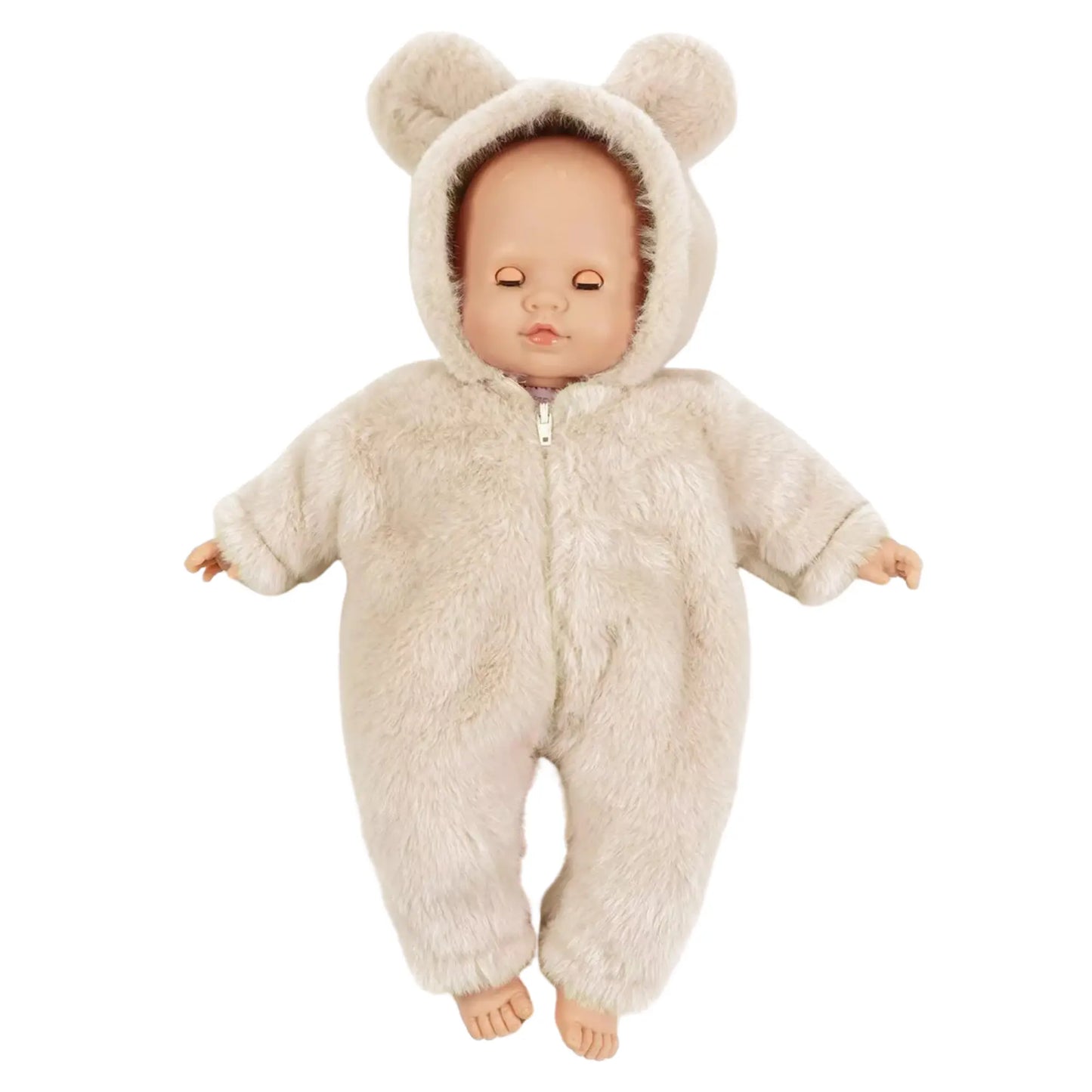 Émilie, poupée corps mou 36cm yeux dormeurs avec combinaison Winnie en fausse fourrure écru Minikane