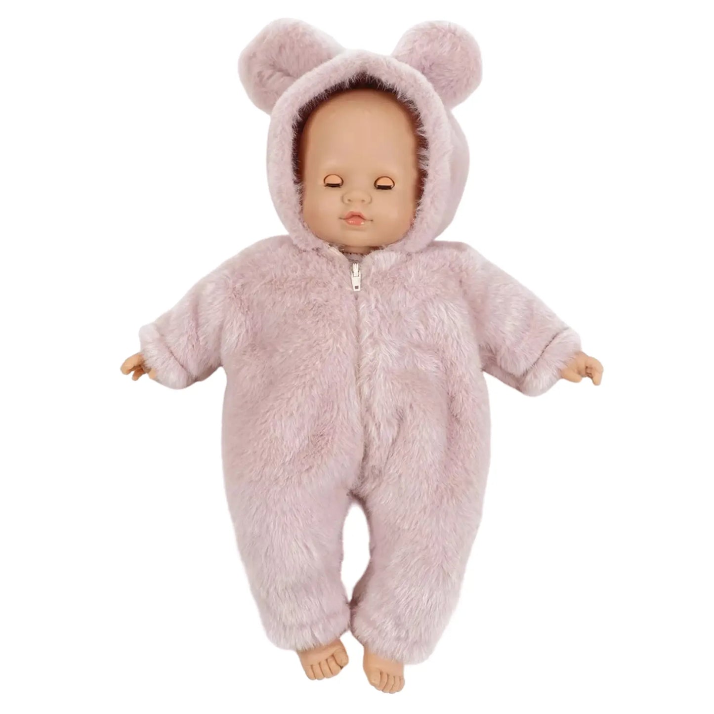 Émilie, poupée corps mou 36cm yeux dormeurs avec combinaison Winnie en fausse fourrure rose Minikane