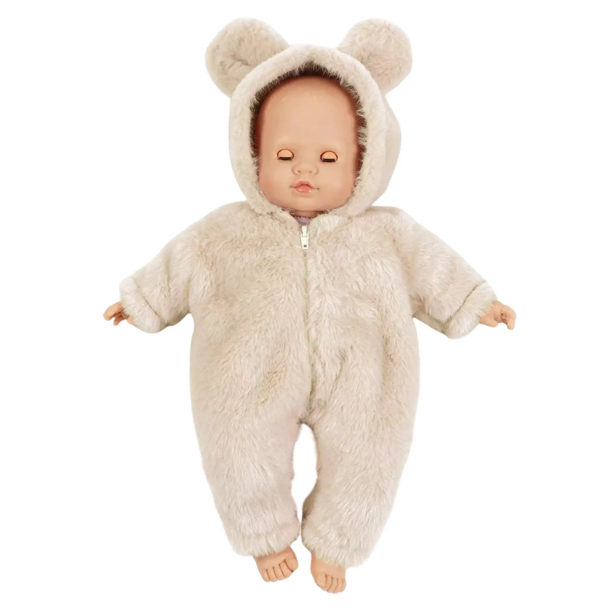 Émilie, poupée corps mou 36cm yeux dormeurs avec combinaison Winnie en fausse fourrure écru Minikane