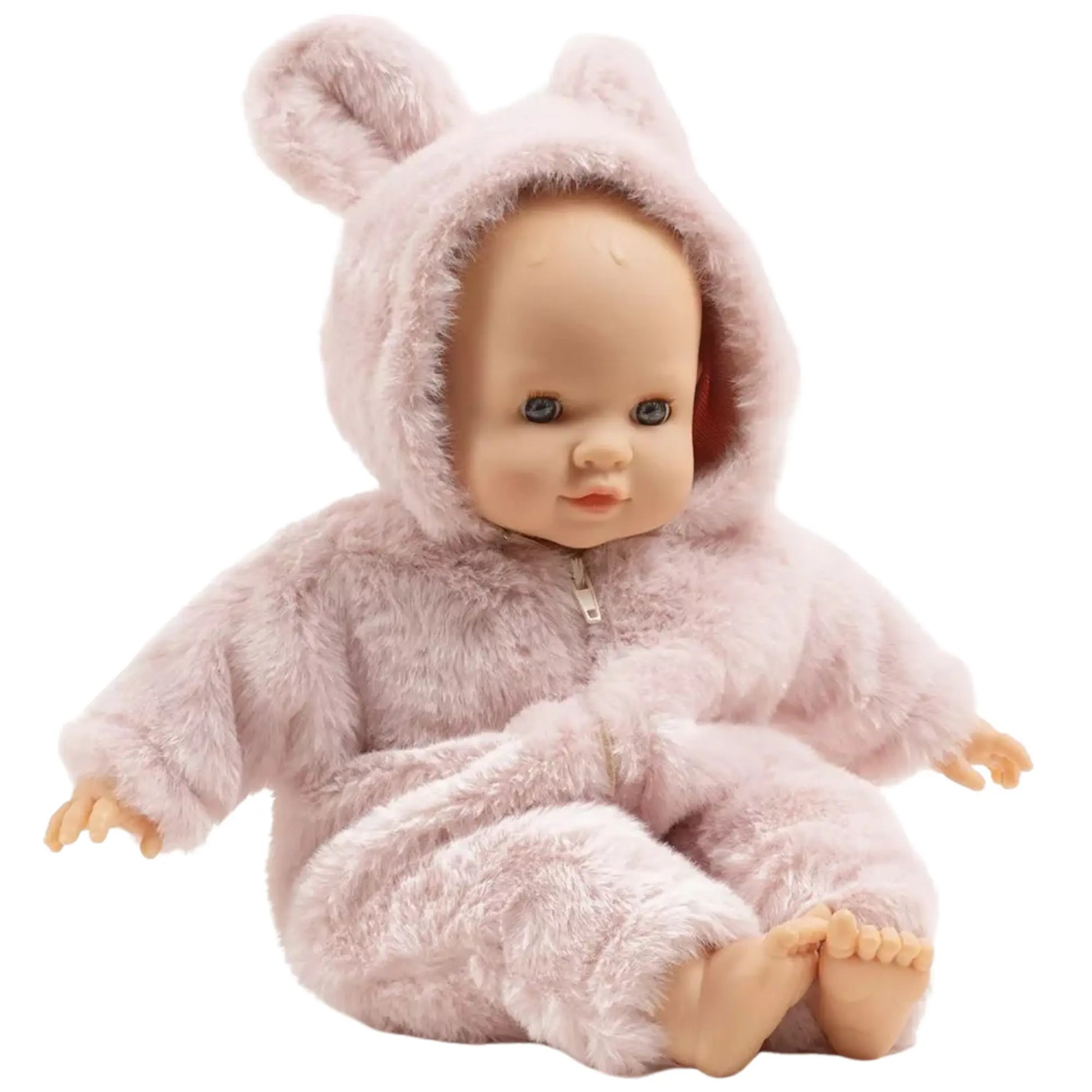 Émilie, poupée corps mou 36cm yeux dormeurs avec combinaison Winnie en fausse fourrure rose Minikane
