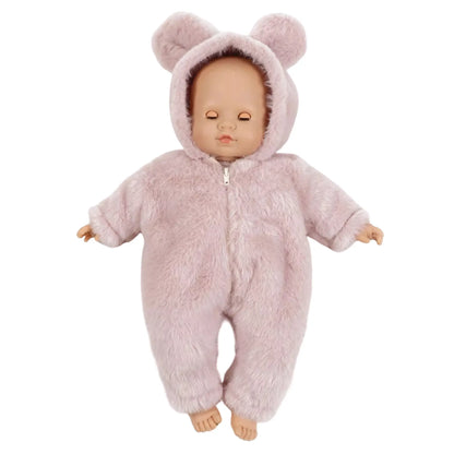Émilie, poupée corps mou 36cm yeux dormeurs avec combinaison Winnie en fausse fourrure rose Minikane