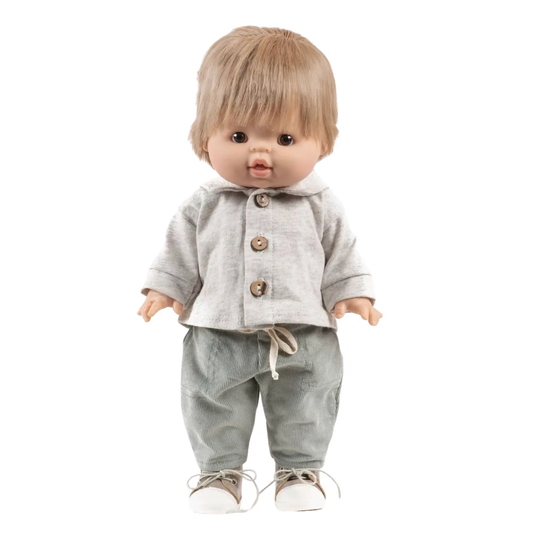 Ensemble Samy top en jersey chiné écru et pantalon en milleraies vert sauge Minikane